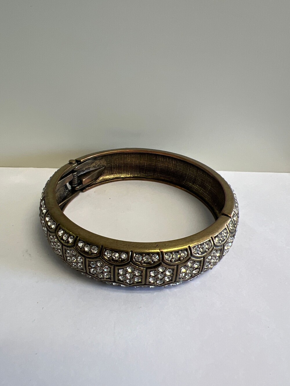 Gold Tone Hinged Bangle Bracelet with Clear Rhinestone Accents Vintage